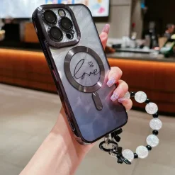 Phone Case For iPhone 16 15 14 Pro Max Plus 13 12 11 Pro Max Back Cover Magnetic Adsorption Transparent with Lanyard Support Wireless Charging Heart Color Gradient PC