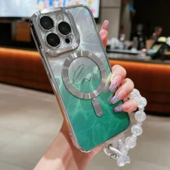 Phone Case For iPhone 16 15 14 Pro Max Plus 13 12 11 Pro Max Back Cover Magnetic Adsorption Transparent with Lanyard Support Wireless Charging Heart Color Gradient PC