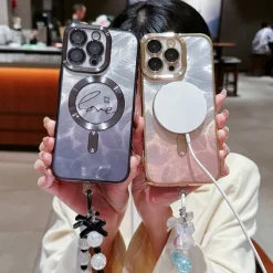 Phone Case For iPhone 16 15 14 Pro Max Plus 13 12 11 Pro Max Back Cover Magnetic Adsorption Transparent with Lanyard Support Wireless Charging Heart Color Gradient PC