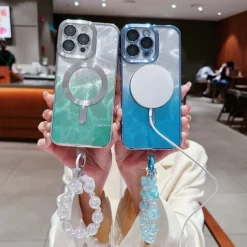 Phone Case For iPhone 16 15 14 Pro Max Plus 13 12 11 Pro Max Back Cover Magnetic Adsorption Transparent with Lanyard Support Wireless Charging Heart Color Gradient PC