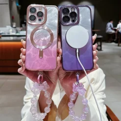 Phone Case For iPhone 16 15 14 Pro Max Plus 13 12 11 Pro Max Back Cover Magnetic Adsorption Transparent with Lanyard Support Wireless Charging Heart Color Gradient PC