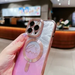 Phone Case For iPhone 16 15 14 Pro Max Plus 13 12 11 Pro Max Back Cover Magnetic Adsorption Transparent with Lanyard Support Wireless Charging Heart Color Gradient PC