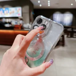 Phone Case For iPhone 16 15 14 Pro Max Plus 13 12 11 Pro Max Back Cover Magnetic Adsorption Transparent with Lanyard Support Wireless Charging Heart Color Gradient PC