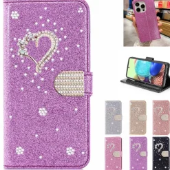 Phone Case For iPhone 17 Pro Max 17 Air 16 15 14 Pro Max Plus 16e 13 12 11 Pro Max Mini Wallet Case Flip Cover with Stand Holder Bling Glitter Shiny Rhinestone PU Leather