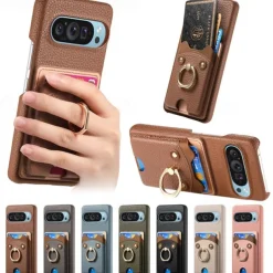 Phone Case For Pixel 9 Pro Pixel 9 Pro XL Pixel 8 Pro Pixel 8 Pixel 9 Pixel 7 Pixel 7 Pro Pixel 6 Pixel 6 Pro Back Cover Ring Holder Card Slot Shockproof Retro TPU PU Leather