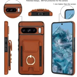 Phone Case For Pixel 9 Pro Pixel 9 Pro XL Pixel 8 Pro Pixel 8 Pixel 9 Back Cover Ring Holder Card Slot Shockproof Retro TPU PU Leather