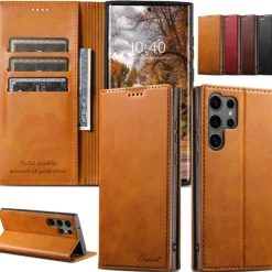 Phone Case For S25 S24 S23 Ultra Plus S22 Plus Ultra Back Cover with Stand Holder Magnetic Card Slot Retro PC PU Leather