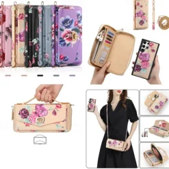 Phone Case For S24 S23 Ultra Plus S22 Back Cover Wallet Case Zipper with Lanyard with Wrist Strap Retro TPU PU Leather