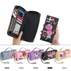 Phone Case For S24 S23 Ultra Plus S22 Back Cover Wallet Case Zipper with Lanyard with Wrist Strap Retro TPU PU Leather