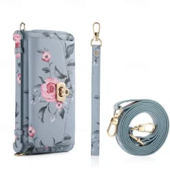Phone Case For S24 S23 Ultra Plus S22 Back Cover Wallet Case Zipper with Lanyard with Wrist Strap Retro TPU PU Leather