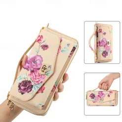 Phone Case For S24 S23 Ultra Plus S22 Back Cover Wallet Case Zipper with Lanyard with Wrist Strap Retro TPU PU Leather