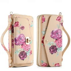 Phone Case For S24 S23 Ultra Plus S22 Back Cover Wallet Case Zipper with Lanyard with Wrist Strap Retro TPU PU Leather