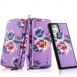 Phone Case For S24 S23 Ultra Plus S22 Back Cover Wallet Case Zipper with Lanyard with Wrist Strap Retro TPU PU Leather