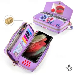 Phone Case For S24 S23 Ultra Plus S22 Back Cover Wallet Case Zipper with Lanyard with Wrist Strap Retro TPU PU Leather