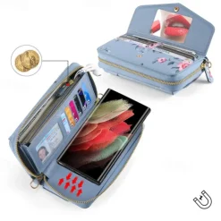 Phone Case For S24 S23 Ultra Plus S22 Back Cover Wallet Case Zipper with Lanyard with Wrist Strap Retro TPU PU Leather