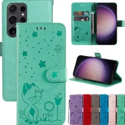 Phone Case For Samsung Galaxy S25 S24 S23 S23 FE S22 S21 Ultra Plus A55 5G A35 5G A25 A15 Wallet Case Magnetic Full Body Protective with Wrist Strap Cat Bee TPU PU Leather