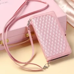 Phone Case For Samsung Galaxy S25 S24 S23 S22 S21 FE S21 Ultra Plus A14 A34 A54 A73 Handbag Purse Wallet Case Zipper with Removable Cross Body Strap With Card Holder Solid Colored Geometric Pattern