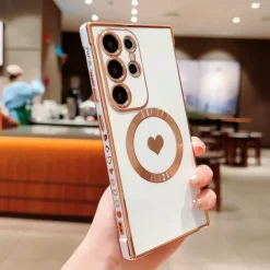 Phone Case For Samsung Galaxy S25 S24 S23 S23 FE S22 S21 Ultra Plus Back Cover Support Wireless Charging Shockproof Heart TPU Plating