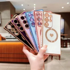 Phone Case For Samsung Galaxy S25 S24 S23 S23 FE S22 S21 Ultra Plus Back Cover Support Wireless Charging Shockproof Heart TPU Plating