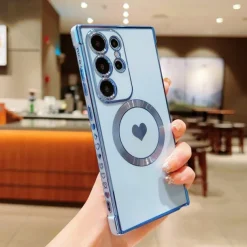 Phone Case For Samsung Galaxy S25 S24 S23 S23 FE S22 S21 Ultra Plus Back Cover Support Wireless Charging Shockproof Heart TPU Plating