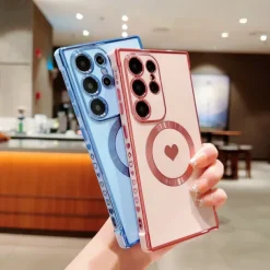 Phone Case For Samsung Galaxy S25 S24 S23 S23 FE S22 S21 Ultra Plus Back Cover Support Wireless Charging Shockproof Heart TPU Plating