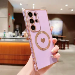 Phone Case For Samsung Galaxy S25 S24 S23 S23 FE S22 S21 Ultra Plus Back Cover Support Wireless Charging Shockproof Heart TPU Plating