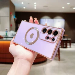 Phone Case For Samsung Galaxy S25 S24 S23 S23 FE S22 S21 Ultra Plus Back Cover Support Wireless Charging Shockproof Heart TPU Plating