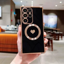 Phone Case For Samsung Galaxy S25 S24 S23 S23 FE S22 S21 Ultra Plus Back Cover Support Wireless Charging Shockproof Heart TPU Plating