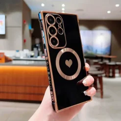 Phone Case For Samsung Galaxy S25 S24 S23 S23 FE S22 S21 Ultra Plus Back Cover Support Wireless Charging Shockproof Heart TPU Plating