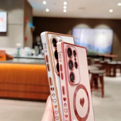 Phone Case For Samsung Galaxy S25 S24 S23 S23 FE S22 S21 Ultra Plus Back Cover Support Wireless Charging Shockproof Heart TPU Plating