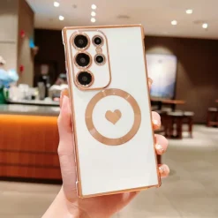 Phone Case For Samsung Galaxy S25 S24 S23 S23 FE S22 S21 Ultra Plus Back Cover Support Wireless Charging Shockproof Heart TPU Plating