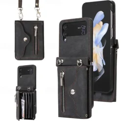 Phone Case For Samsung Galaxy Z Flip 7 Z Flip 6 Z Flip 5 Z Flip 4 Z Flip 3 Handbag Purse Wallet Case Flip Zipper with Removable Cross Body Strap Solid Colored PC PU Leather