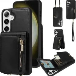 Phone Case For Samsung Galaxy S25 S24 S23 S22 S21 Ultra Plus Wallet Case Zipper with Lanyard with Wrist Strap Retro TPU PU Leather