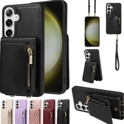 Phone Case For Samsung Galaxy S25 S24 S23 S22 S21 Ultra Plus Wallet Case Zipper with Lanyard with Wrist Strap Retro TPU PU Leather