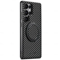 Phone Case For Samsung Galaxy S25 S24 S23 Ultra Plus S22 Plus Ultra Back Cover with Stand Holder Magnetic Support Wireless Charging Retro TPU Carbon Fiber PC