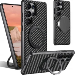 Phone Case For Samsung Galaxy S25 S24 S23 Ultra Plus S22 Plus Ultra Back Cover with Stand Holder Magnetic Support Wireless Charging Retro TPU Carbon Fiber PC