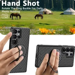 Phone Case For Samsung Galaxy S25 S24 S23 Ultra Plus S22 Plus Ultra Back Cover with Stand Holder Magnetic Support Wireless Charging Retro TPU Carbon Fiber PC