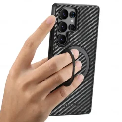 Phone Case For Samsung Galaxy S25 S24 S23 Ultra Plus S22 Plus Ultra Back Cover with Stand Holder Magnetic Support Wireless Charging Retro TPU Carbon Fiber PC