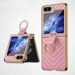Phone Case For Samsung Galaxy Z Flip 5 Z Flip 4 Z Flip 3 Back Cover with Screen Protector Ring Buckle Shockproof Retro TPU Metal PU Leather
