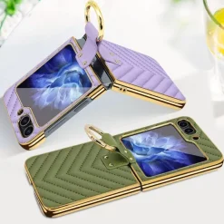 Phone Case For Samsung Galaxy Z Flip 5 Z Flip 4 Z Flip 3 Back Cover with Screen Protector Ring Buckle Shockproof Retro TPU Metal PU Leather