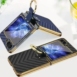 Phone Case For Samsung Galaxy Z Flip 5 Z Flip 4 Z Flip 3 Back Cover with Screen Protector Ring Buckle Shockproof Retro TPU Metal PU Leather
