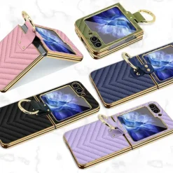 Phone Case For Samsung Galaxy Z Flip 5 Z Flip 4 Z Flip 3 Back Cover with Screen Protector Ring Buckle Shockproof Retro TPU Metal PU Leather