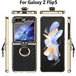Phone Case For Samsung Galaxy Z Flip 5 Z Flip 4 Z Flip 3 Back Cover with Screen Protector Ring Buckle Shockproof Retro TPU Metal PU Leather