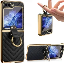 Phone Case For Samsung Galaxy Z Flip 5 Z Flip 4 Z Flip 3 Back Cover with Screen Protector Ring Buckle Shockproof Retro TPU Metal PU Leather