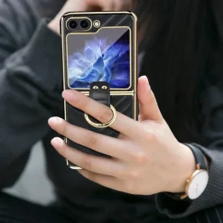 Phone Case For Samsung Galaxy Z Flip 5 Z Flip 4 Z Flip 3 Back Cover with Screen Protector Ring Buckle Shockproof Retro TPU Metal PU Leather