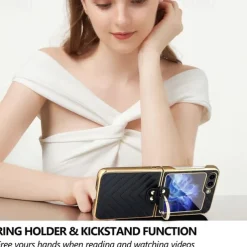 Phone Case For Samsung Galaxy Z Flip 5 Z Flip 4 Z Flip 3 Back Cover with Screen Protector Ring Buckle Shockproof Retro TPU Metal PU Leather