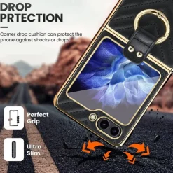 Phone Case For Samsung Galaxy Z Flip 5 Z Flip 4 Z Flip 3 Back Cover with Screen Protector Ring Buckle Shockproof Retro TPU Metal PU Leather