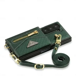 Phone Case For Samsung Galaxy Z Fold 6 Wallet Case with Stand Holder Zipper with Lanyard Retro Genuine Leather TPU