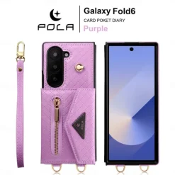 Phone Case For Samsung Galaxy Z Fold 6 Wallet Case with Stand Holder Zipper with Lanyard Retro Genuine Leather TPU