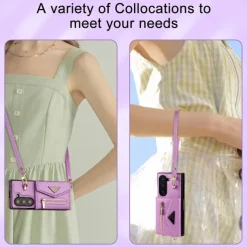 Phone Case For Samsung Galaxy Z Fold 6 Wallet Case with Stand Holder Zipper with Lanyard Retro Genuine Leather TPU